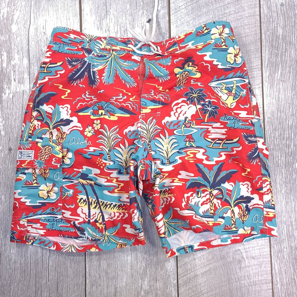 Polo Ralph Lauren Swim Trunks Mens Large Red Aloha Hawaiian Print Cargo Pocket